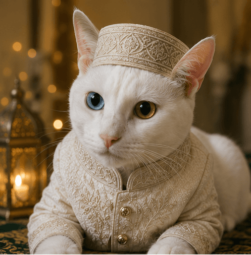 Muezza, the white Indian cat with one blue eye and one amber eye